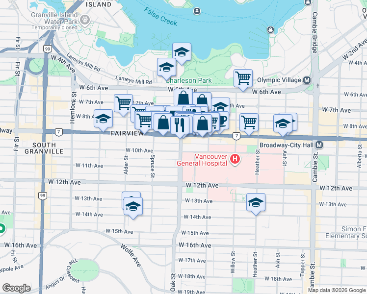 map of restaurants, bars, coffee shops, grocery stores, and more near in Vancouver
