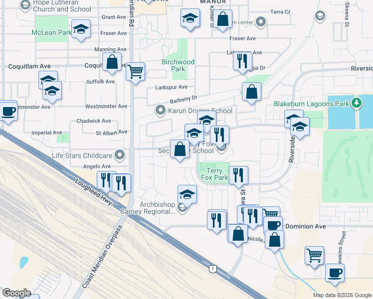 map of restaurants, bars, coffee shops, grocery stores, and more near 1370 Riverwood Gate in Port Coquitlam