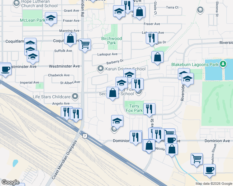 map of restaurants, bars, coffee shops, grocery stores, and more near 1370 Riverwood Gate in Port Coquitlam