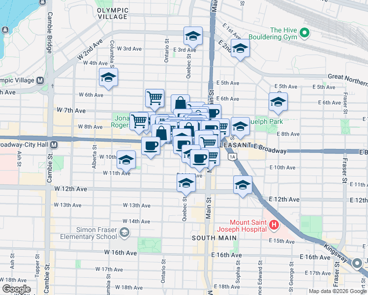 map of restaurants, bars, coffee shops, grocery stores, and more near 2511 Quebec Street in Vancouver