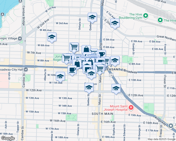 map of restaurants, bars, coffee shops, grocery stores, and more near 2511 Quebec Street in Vancouver
