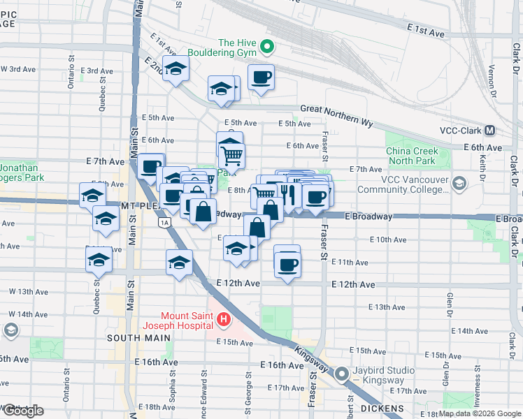 map of restaurants, bars, coffee shops, grocery stores, and more near 2475 Saint George Street in Vancouver