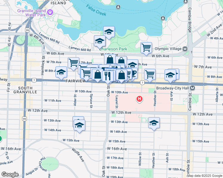 map of restaurants, bars, coffee shops, grocery stores, and more near 985 West 10th Avenue in Vancouver