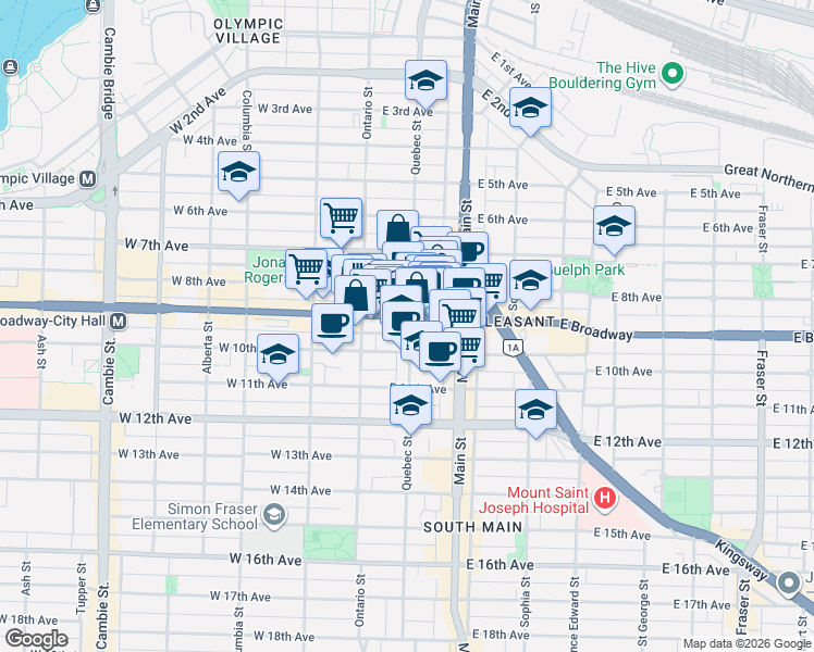 map of restaurants, bars, coffee shops, grocery stores, and more near 2511 Quebec Street in Vancouver