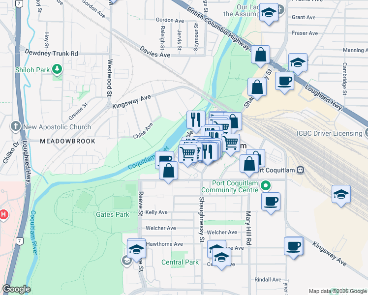 map of restaurants, bars, coffee shops, grocery stores, and more near 2362 Whyte Avenue in Port Coquitlam