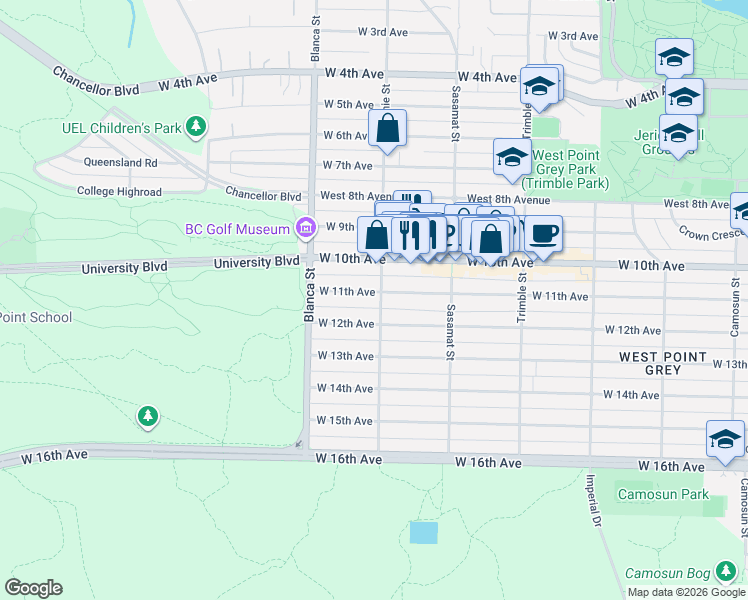 map of restaurants, bars, coffee shops, grocery stores, and more near 4606 West 11th Avenue in Vancouver