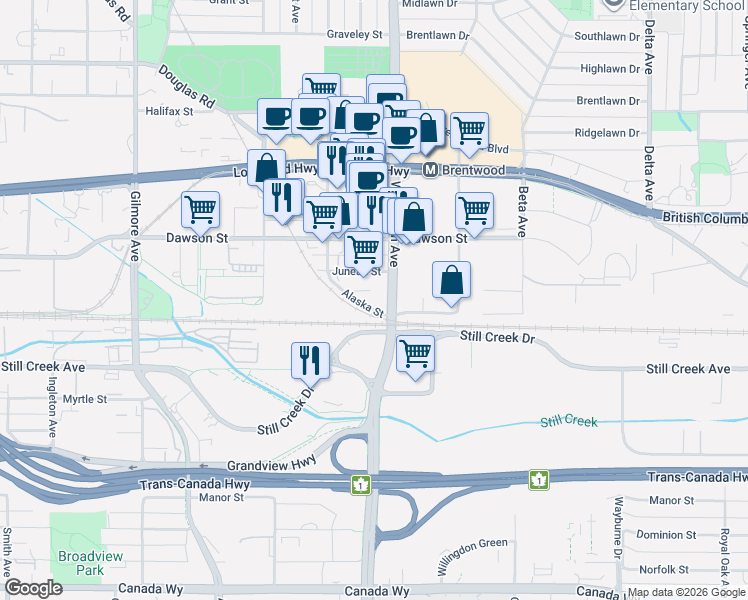 map of restaurants, bars, coffee shops, grocery stores, and more near 4433 Alaska Street in Burnaby
