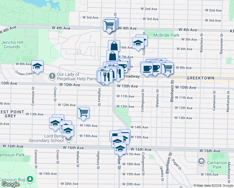 map of restaurants, bars, coffee shops, grocery stores, and more near 3673 West 11th Avenue in Vancouver
