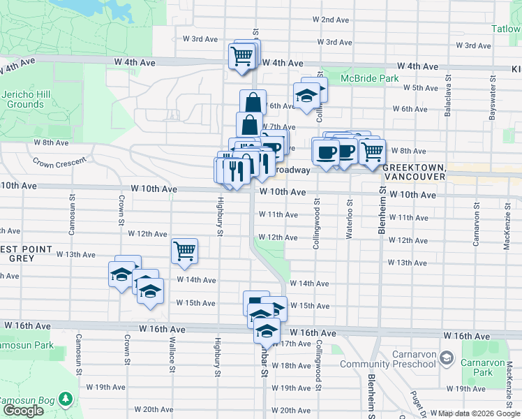 map of restaurants, bars, coffee shops, grocery stores, and more near 3671 West 11th Avenue in Vancouver