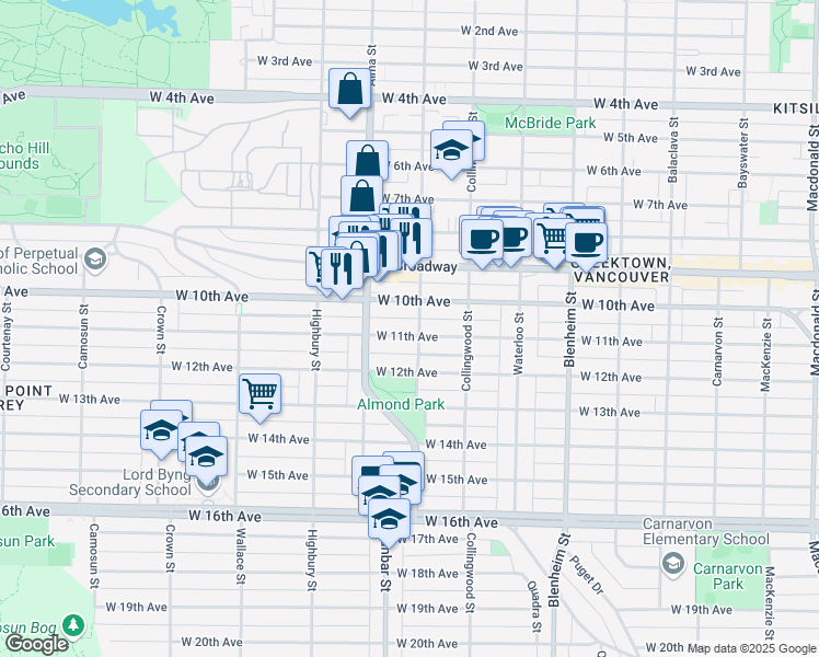 map of restaurants, bars, coffee shops, grocery stores, and more near 3611 West 11th Avenue in Vancouver