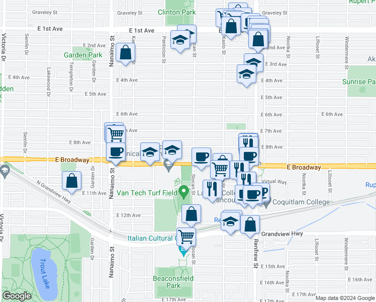 map of restaurants, bars, coffee shops, grocery stores, and more near 2684 East 8th Avenue in Vancouver