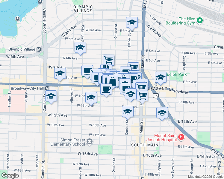 map of restaurants, bars, coffee shops, grocery stores, and more near 2515 Ontario Street in Vancouver