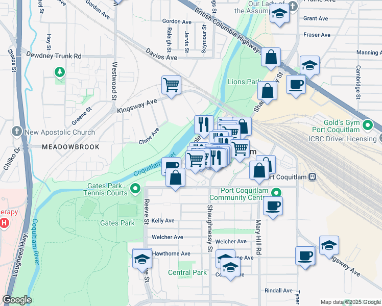 map of restaurants, bars, coffee shops, grocery stores, and more near 2362 Whyte Avenue in Port Coquitlam