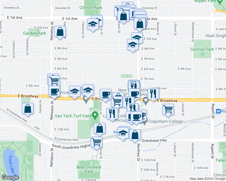map of restaurants, bars, coffee shops, grocery stores, and more near 2778 East 8th Avenue in Vancouver