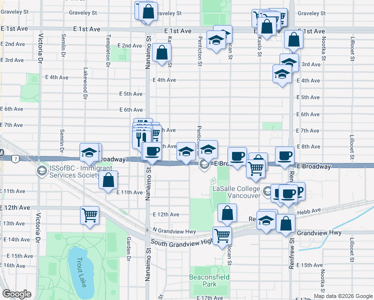 map of restaurants, bars, coffee shops, grocery stores, and more near 2562 East 8th Avenue in Vancouver