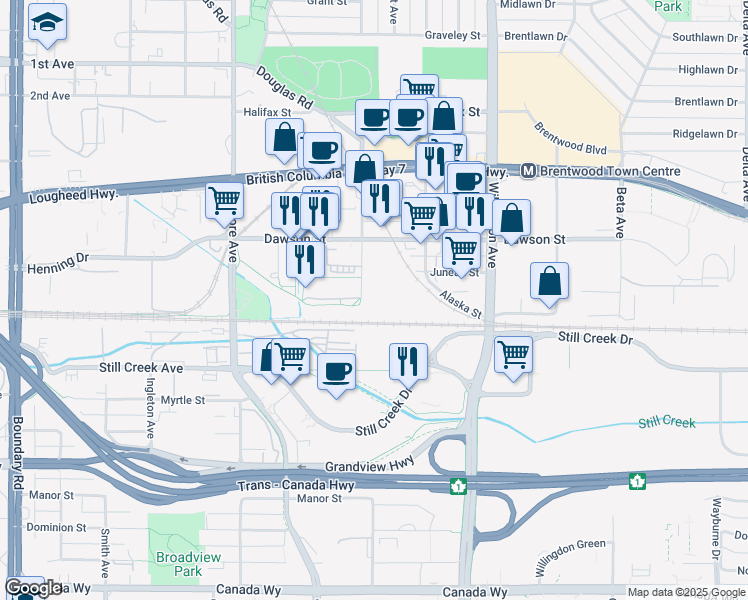 map of restaurants, bars, coffee shops, grocery stores, and more near 2388 Madison Avenue in Burnaby