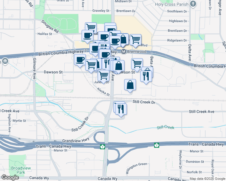 map of restaurants, bars, coffee shops, grocery stores, and more near 2586 Willingdon Avenue in Burnaby