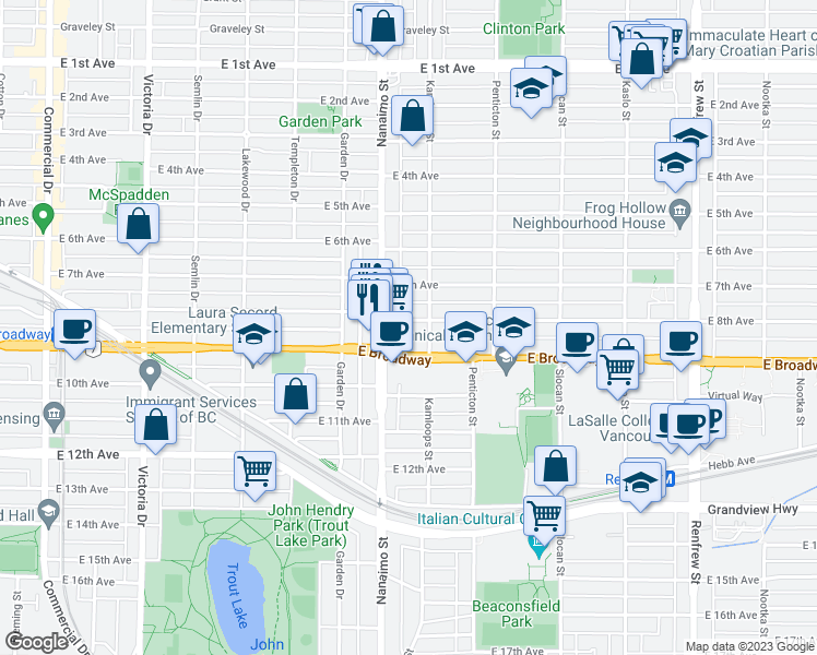 map of restaurants, bars, coffee shops, grocery stores, and more near 2428 East 8th Avenue in Vancouver