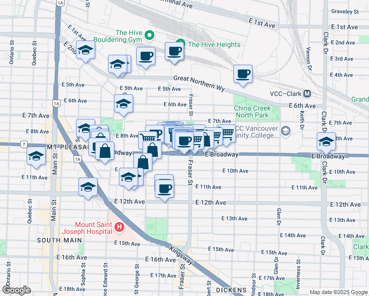 map of restaurants, bars, coffee shops, grocery stores, and more near 605 East Broadway in Vancouver