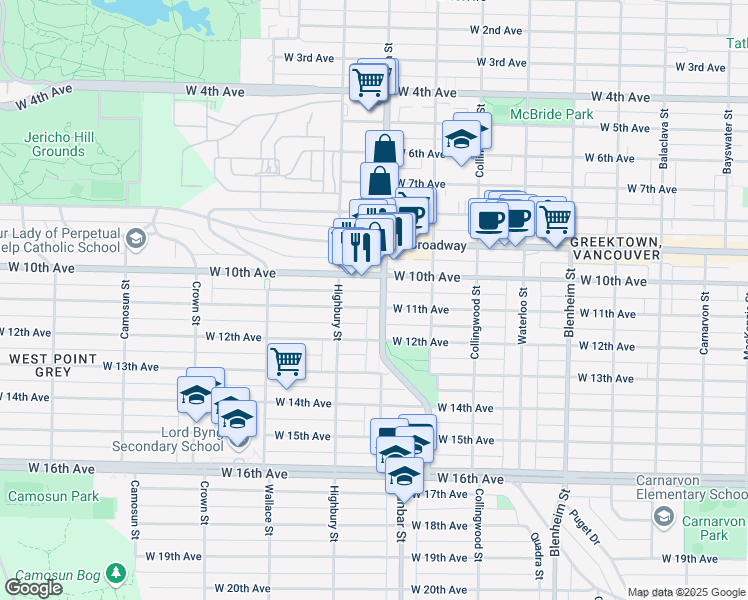 map of restaurants, bars, coffee shops, grocery stores, and more near 3711 West 11th Avenue in Vancouver