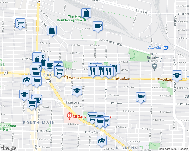 map of restaurants, bars, coffee shops, grocery stores, and more near 2477 Carolina Street in Vancouver