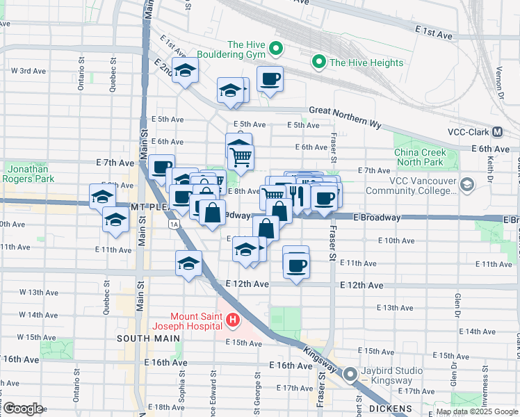 map of restaurants, bars, coffee shops, grocery stores, and more near in Vancouver