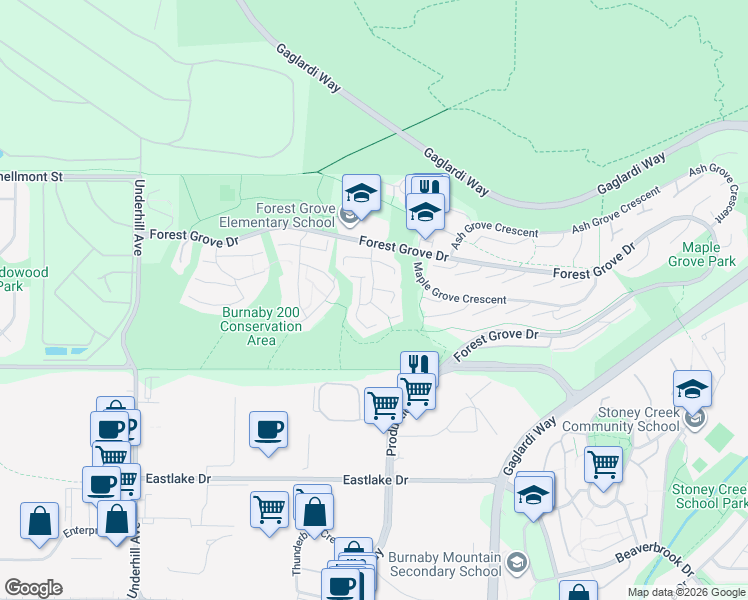 map of restaurants, bars, coffee shops, grocery stores, and more near 8551 Wilderness Court in Burnaby