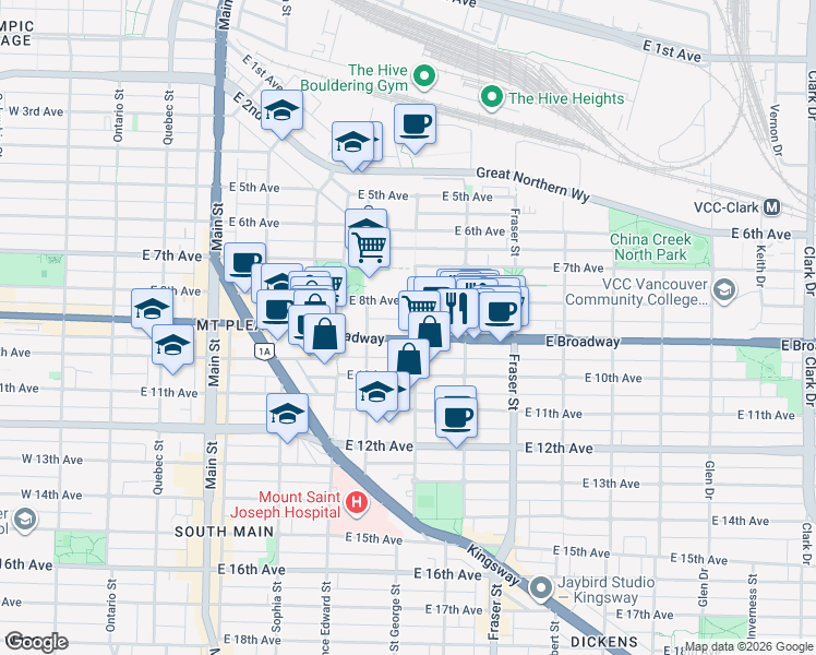map of restaurants, bars, coffee shops, grocery stores, and more near 2471 Saint George Street in Vancouver