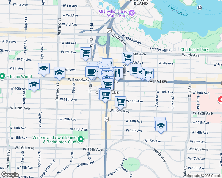 map of restaurants, bars, coffee shops, grocery stores, and more near in Vancouver