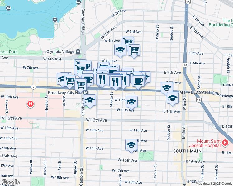 map of restaurants, bars, coffee shops, grocery stores, and more near 236 West Broadway in Vancouver