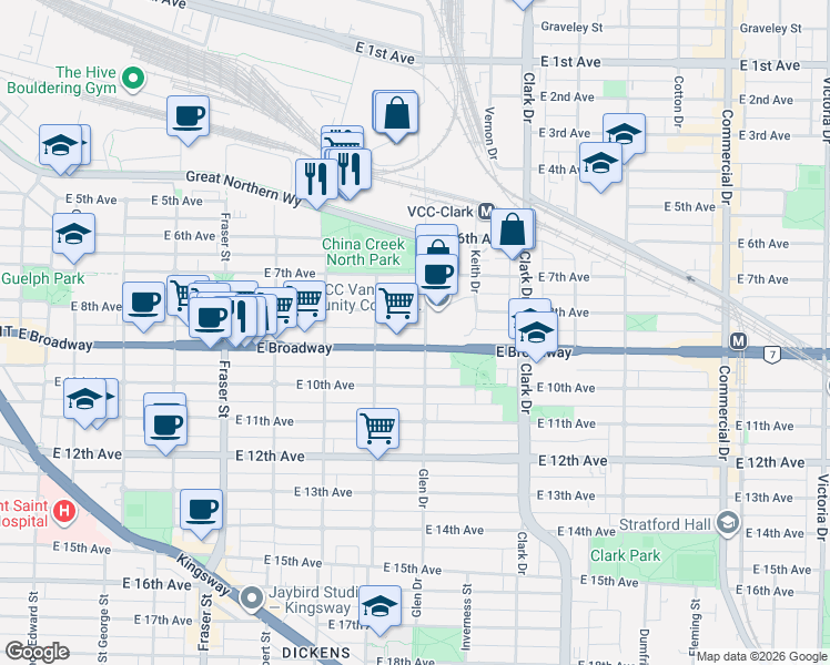 map of restaurants, bars, coffee shops, grocery stores, and more near in Vancouver