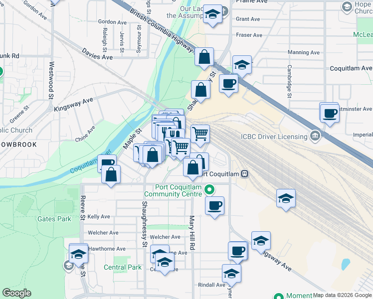 map of restaurants, bars, coffee shops, grocery stores, and more near 2264 Elgin Avenue in Port Coquitlam