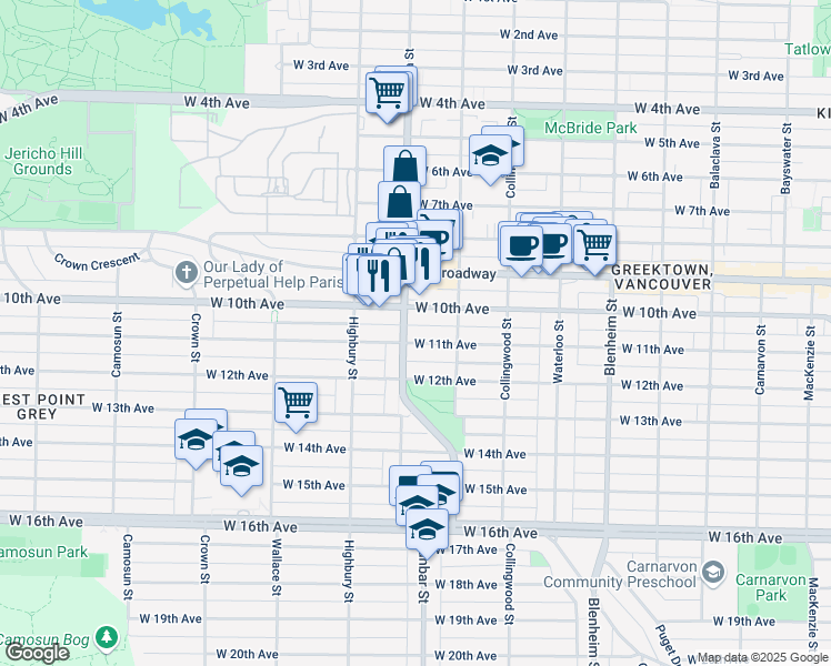 map of restaurants, bars, coffee shops, grocery stores, and more near 3673 West 11th Avenue in Vancouver