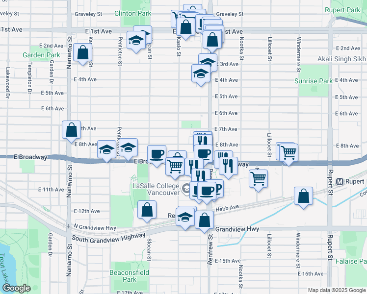 map of restaurants, bars, coffee shops, grocery stores, and more near 2816 East 8th Avenue in Vancouver