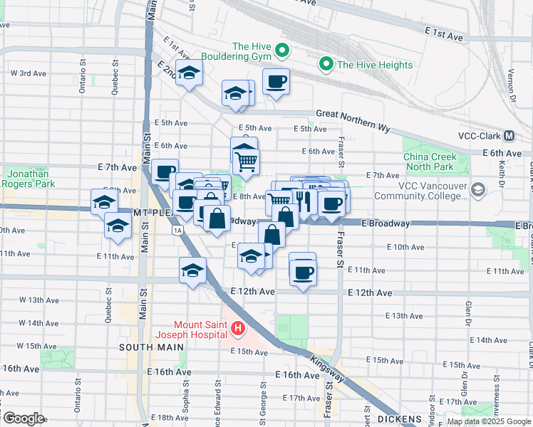 map of restaurants, bars, coffee shops, grocery stores, and more near 2471 Saint George Street in Vancouver