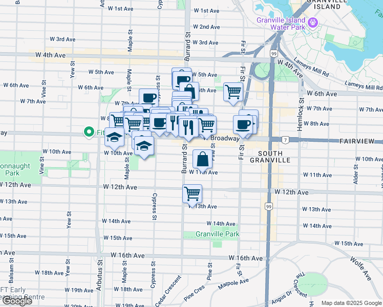 map of restaurants, bars, coffee shops, grocery stores, and more near 1775 West 10th Avenue in Vancouver