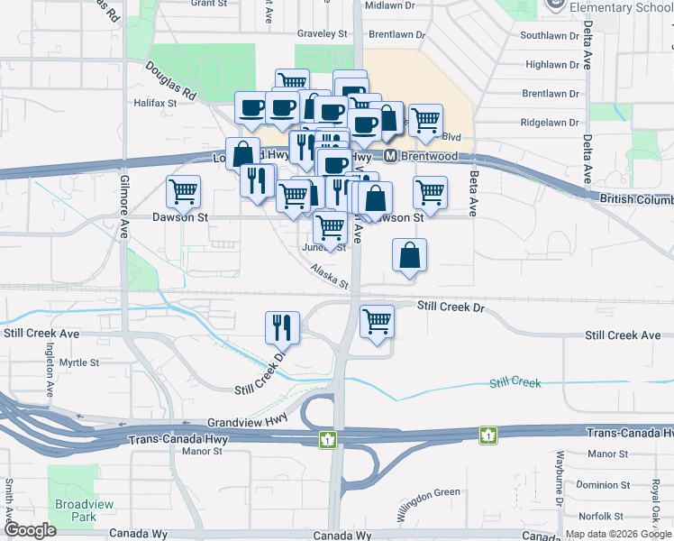 map of restaurants, bars, coffee shops, grocery stores, and more near 4433 Alaska Street in Burnaby