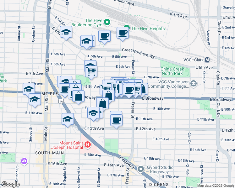 map of restaurants, bars, coffee shops, grocery stores, and more near 2477 Carolina Street in Vancouver