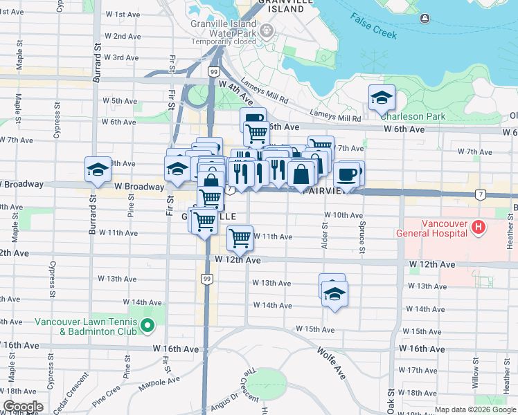 map of restaurants, bars, coffee shops, grocery stores, and more near 1375 West 10th Avenue in Vancouver