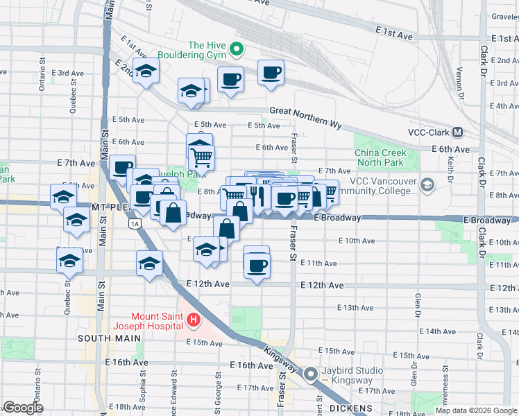 map of restaurants, bars, coffee shops, grocery stores, and more near 2477 Carolina Street in Vancouver