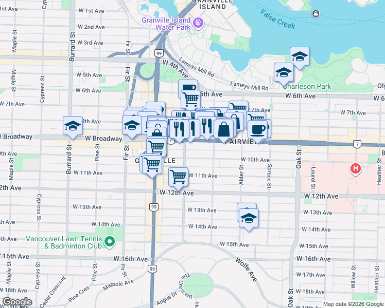 map of restaurants, bars, coffee shops, grocery stores, and more near 1375 West 10th Avenue in Vancouver