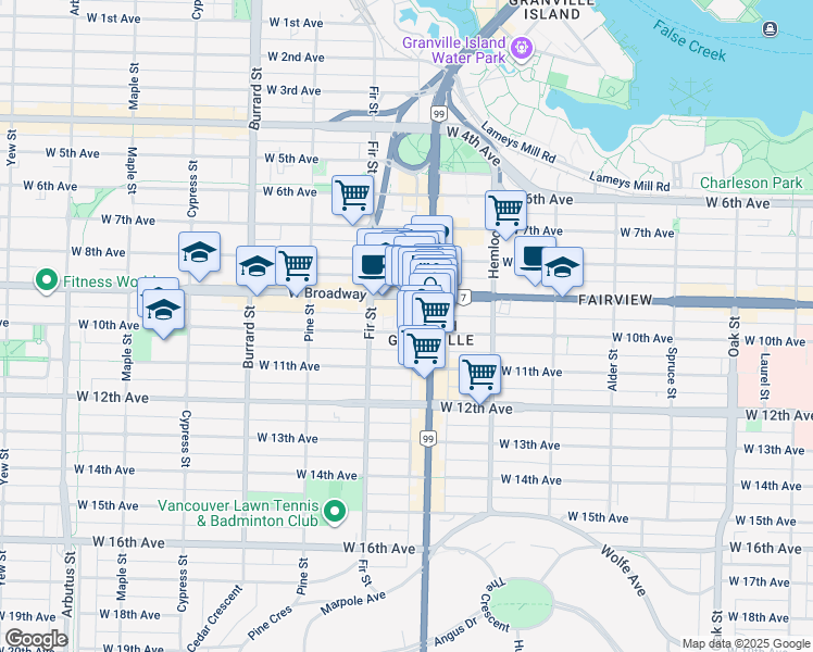 map of restaurants, bars, coffee shops, grocery stores, and more near 1575 West 10th Avenue in Vancouver