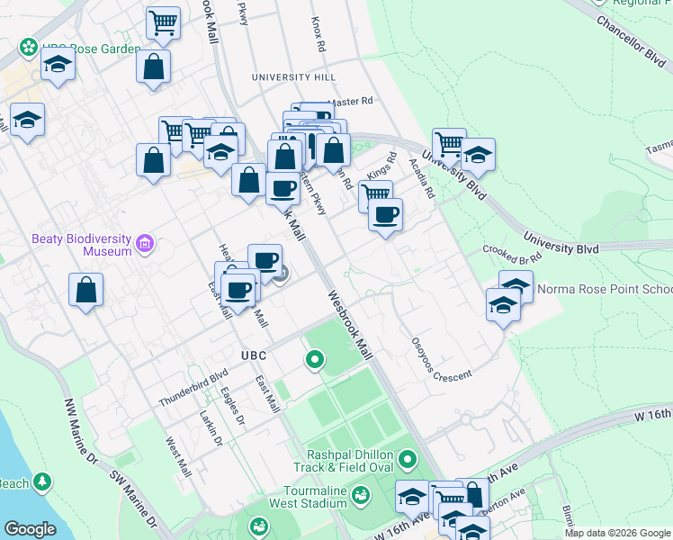 map of restaurants, bars, coffee shops, grocery stores, and more near 5868 Agronomy Road in University Endowment Lands