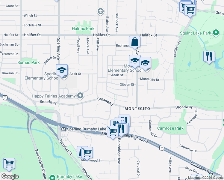map of restaurants, bars, coffee shops, grocery stores, and more near 7061 Paulus Crescent in Burnaby