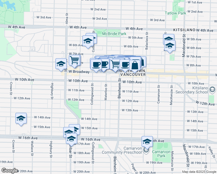 map of restaurants, bars, coffee shops, grocery stores, and more near 2660 Waterloo Street in Vancouver