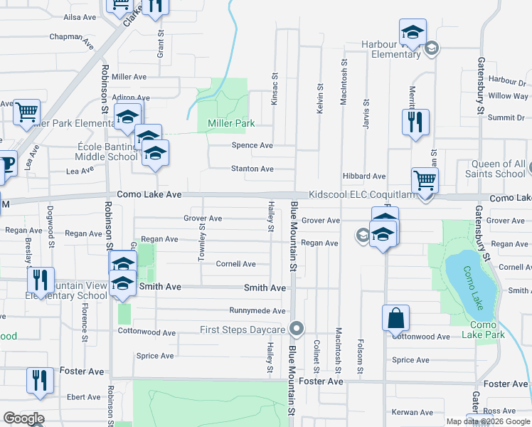 map of restaurants, bars, coffee shops, grocery stores, and more near 929 Grover Avenue in Coquitlam