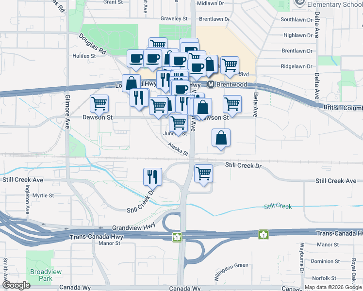 map of restaurants, bars, coffee shops, grocery stores, and more near 4433 Alaska Street in Burnaby