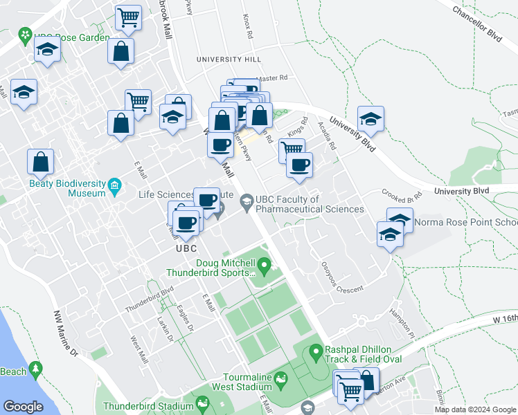map of restaurants, bars, coffee shops, grocery stores, and more near 5868 Agronomy Road in University Endowment Lands
