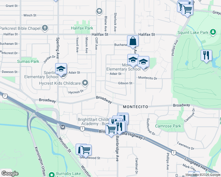 map of restaurants, bars, coffee shops, grocery stores, and more near 7061 Paulus Crescent in Burnaby