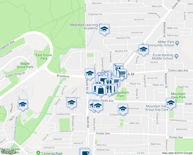 map of restaurants, bars, coffee shops, grocery stores, and more near 715 Farrow St in Coquitlam